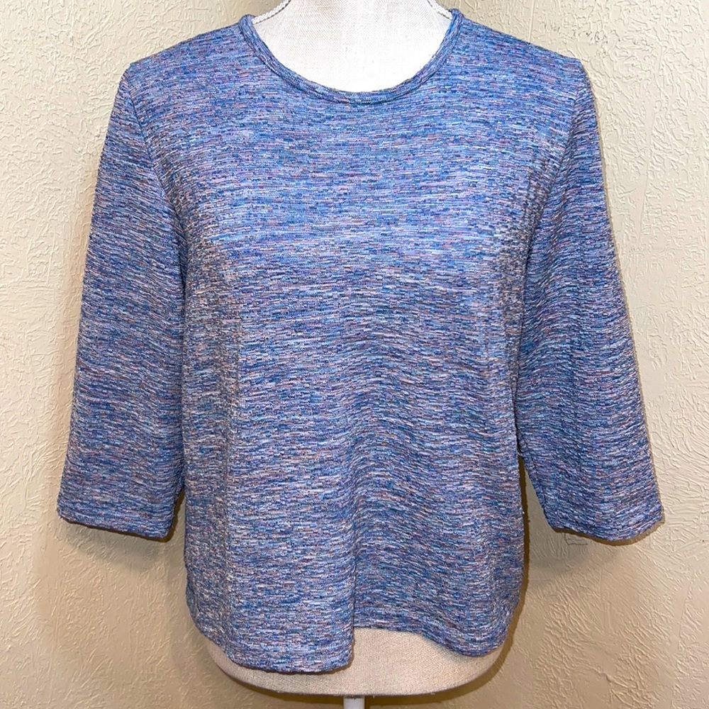 Allison Daley Petites Crew Neck Blue With Colorful Threads Woven in Shirt